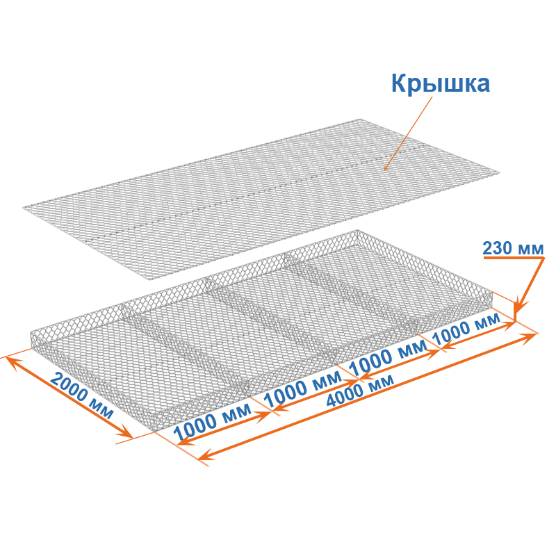 Габион матрац ГСИ-М 4х2х0,23 оцинкованный, Ø проволоки 2,7 мм, размер ячейки 6х8 см фото
