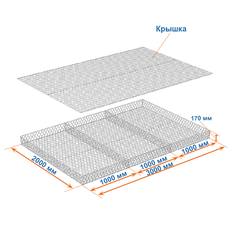 Габион матрац ГСИ-М 3х2х0,17 оцинкованный, Ø проволоки 2,7 мм, размер ячейки 6х8 см фото